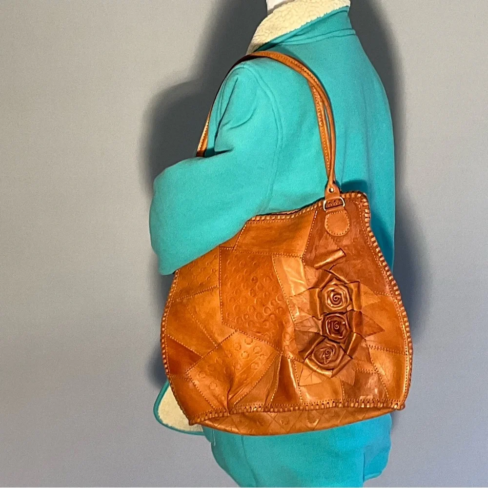 Handcrafted Patchwork Leather Tote Rose Appliqué Free People Anthro Festival - Picture 3 of 13
